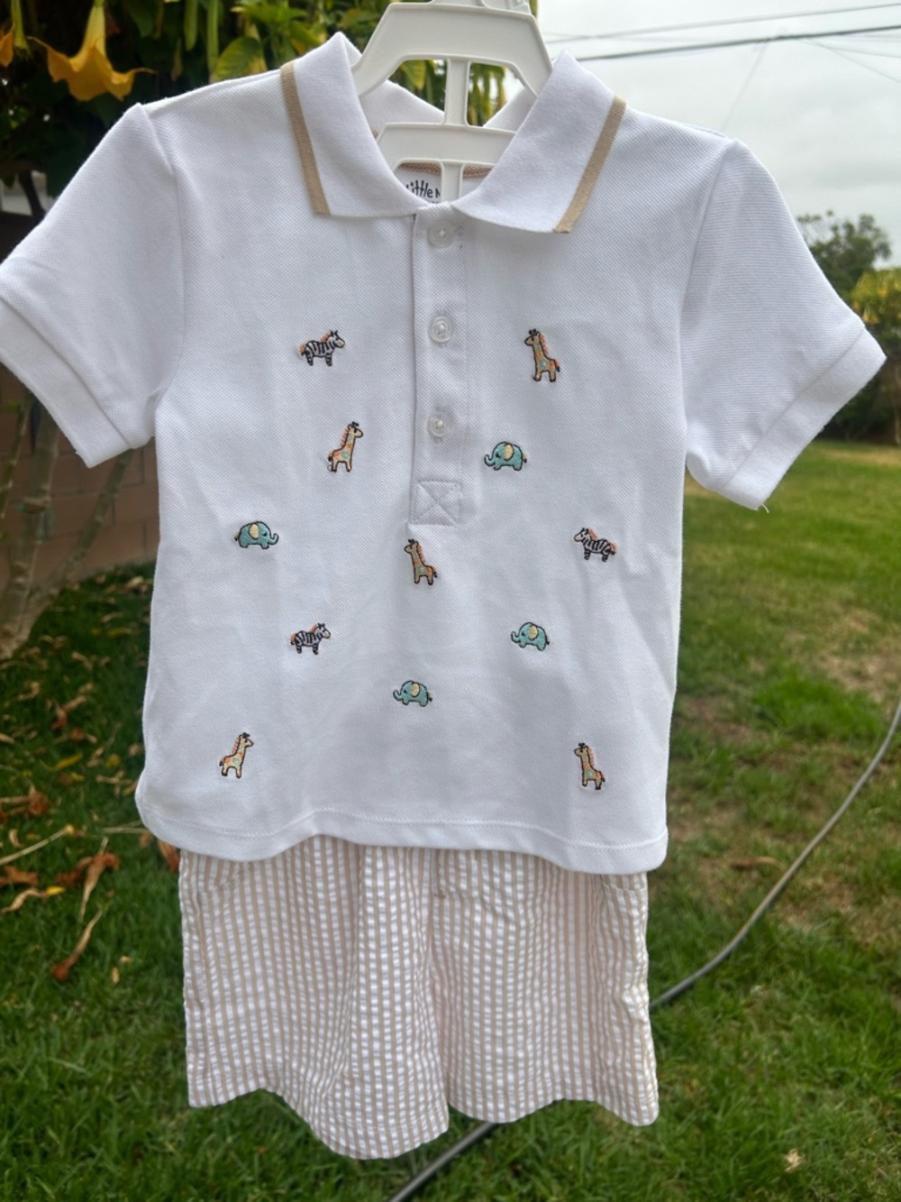 Little Me White Polo with Beige-Trim and Animal Embroidery